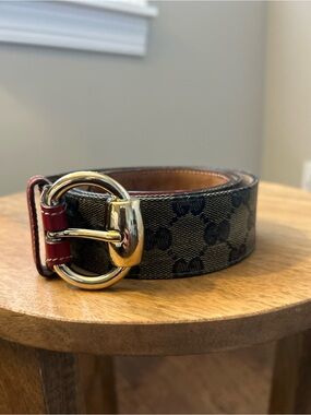 Gucci Brown Monogram Canvas Belt with Gold Buckle and Red Trim